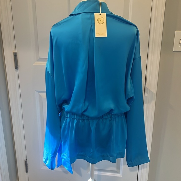NWT Ramy Brook Rori Jacket satiny jacket kimono wrap cerulean blue, size L - Picture 6 of 14